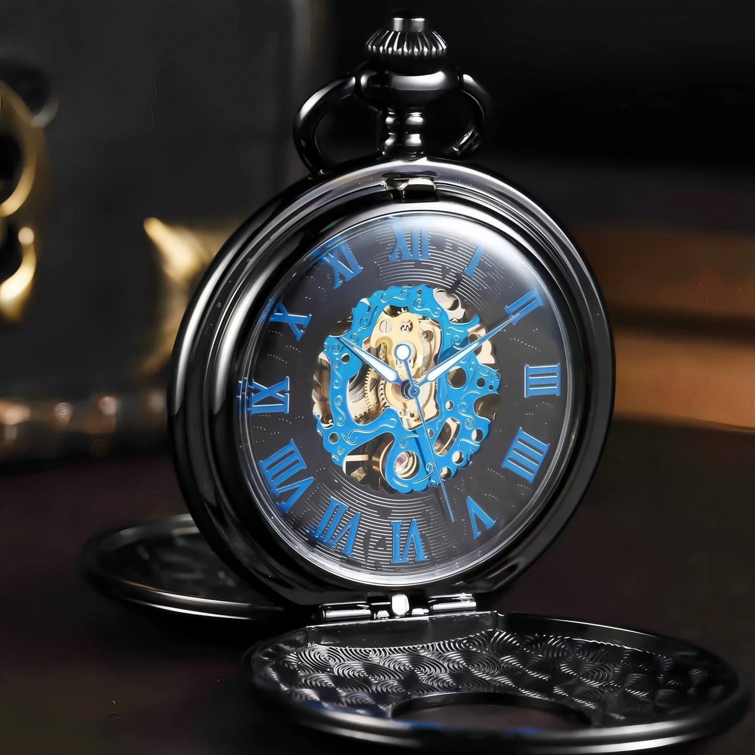 Orologio da taschino meccanico con numeri romani, quadrante scheletrato, con scatola in legno di lusso e catene, per uomo e donna, nero