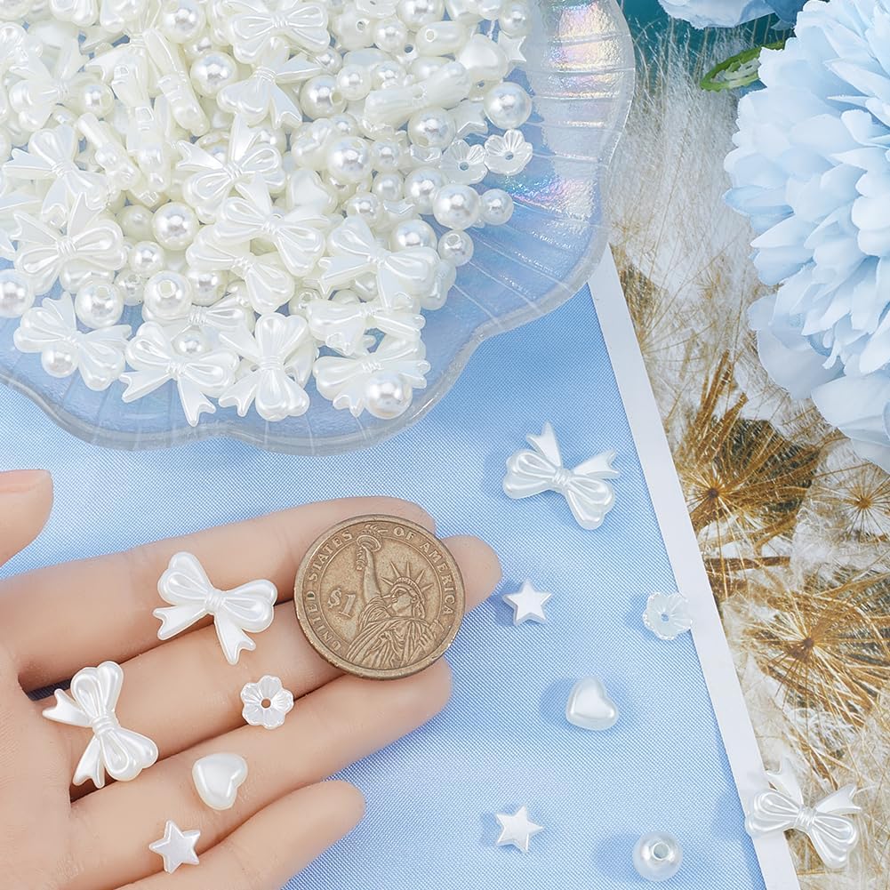 SUNNYCLUE 1 Box 520Pcs 6 Styles White Bow Beads Imitation Pearl Beads Bulk Cute ABS Plastic Round Pearls Bows Star Heart Bead for Jewelry Making DIY Crafting Bracelets Necklaces Earrings Women Gifts - Image 3