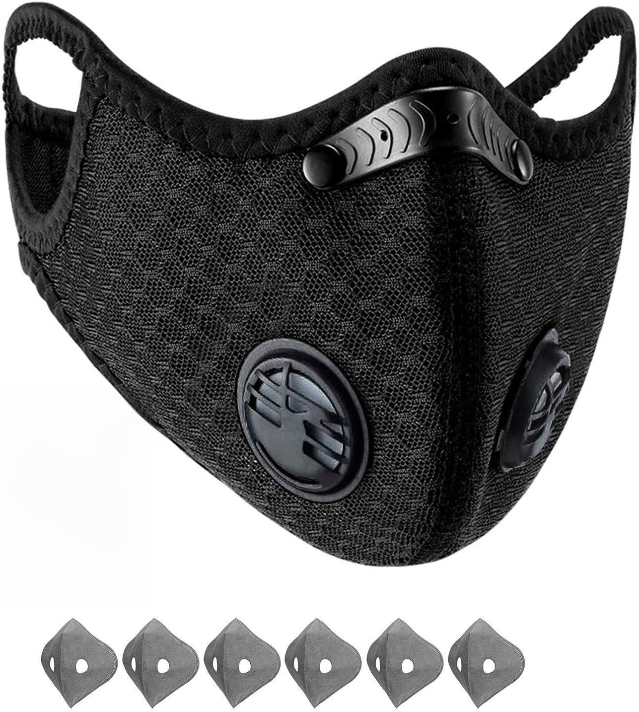 Dust Mask Anti-Pollution Sports Mask with 6 Activated Carbon Filters and 1 Valves Dustproof Face Mask Sheet Mask for Motorcycle Cycling Running Exhaust Fumes Outdoor Activities, Black