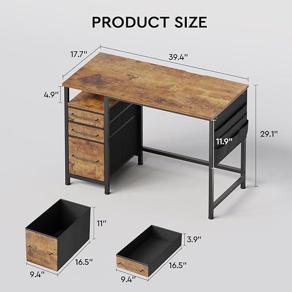 Maihail Small Desk with Drawers, Office Desk with Storage Shelves, Brown2
