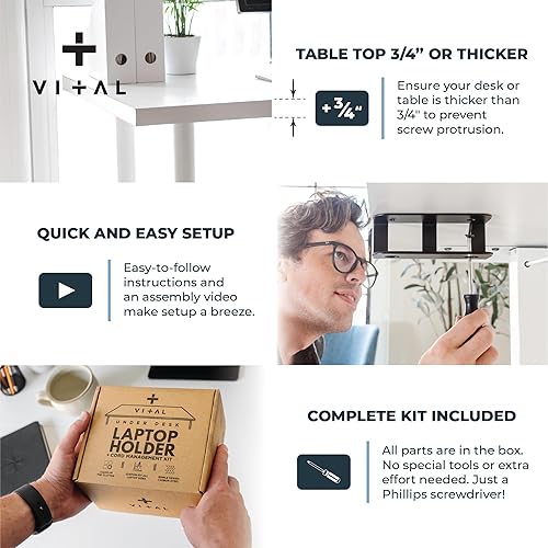 Miniatura 8 de VI+AL Soporte para computadora portátil debajo del escritorio, estante de metal oculto con almacenamiento lateral, gancho y organizador de cables,