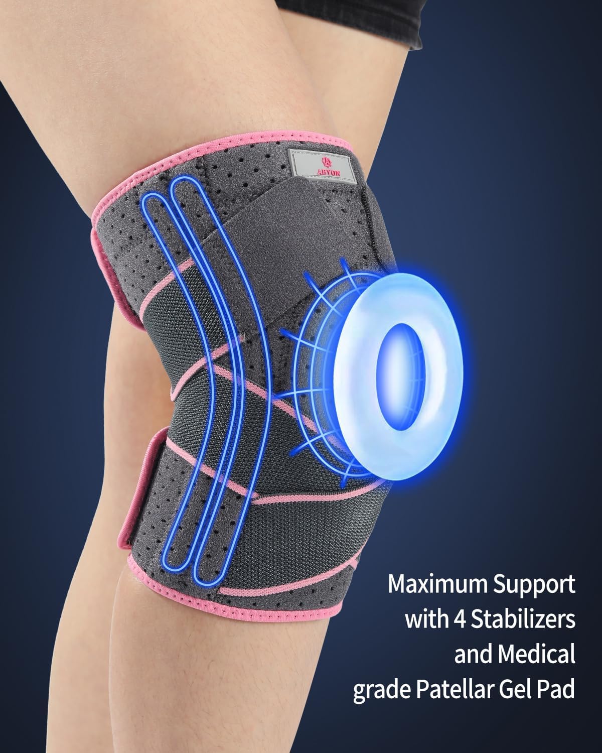 ABYON Ginocchiera Ortopedica, Regolabile Tutore Ginocchio con Stabilizzatori Laterali Rotulea Supporto Sportiva per Uomo e Donne Legamenti Rotula Menisco Artrite (L/XL)