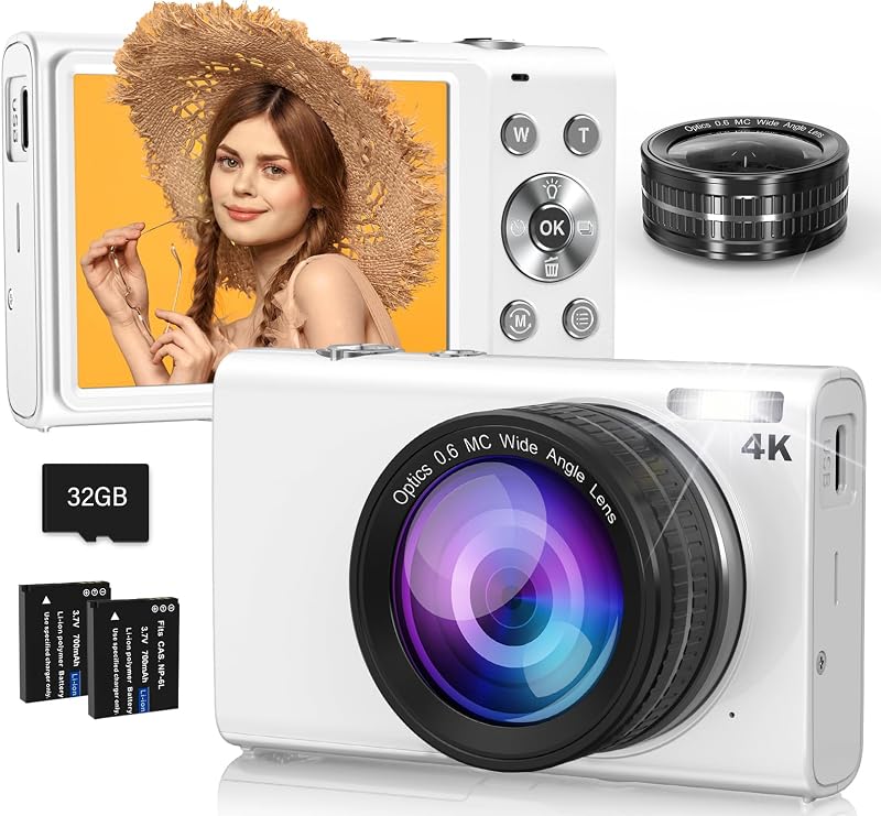 Digital Camera, 4K 64MP Autofocus Travel Camera with Wide Angle Lens(White) | 16X Digital Zoom YouTube Compact Point Shoot Vlogging Camera for Teens Beginners, 32GB Card, 2 Batteries