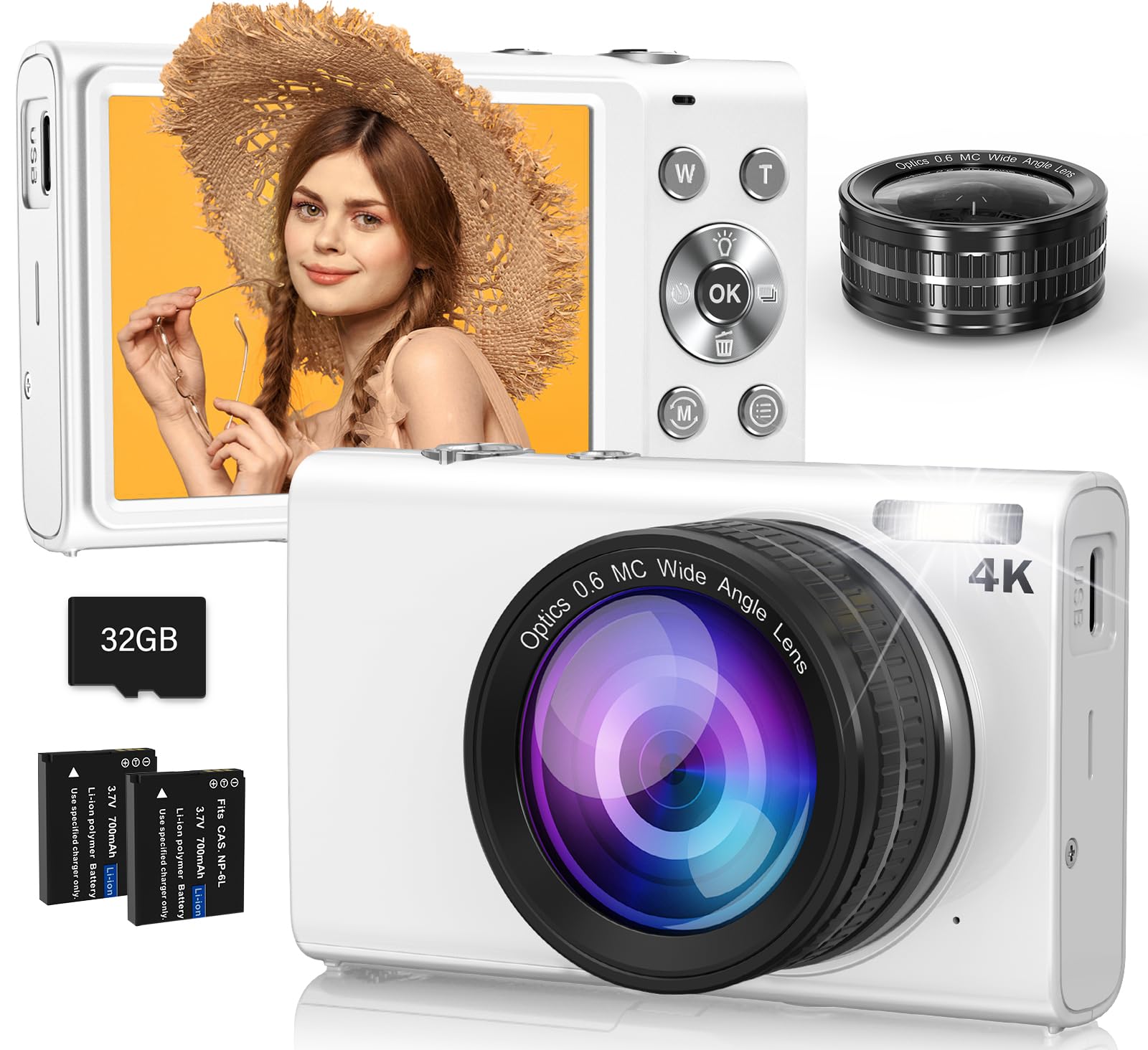 STUOGYUM 4K travel camera in white with detachable wide angle lens