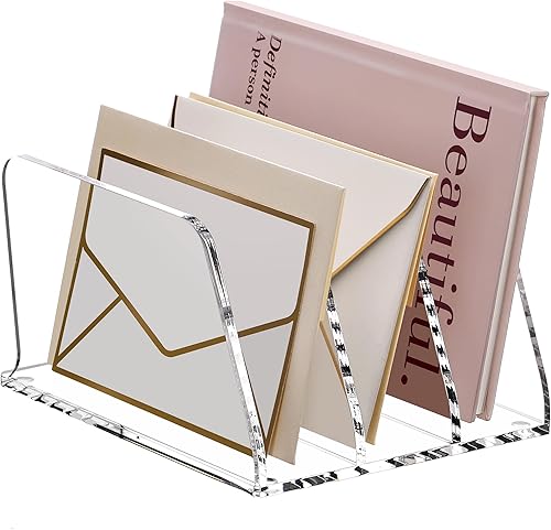 SANRUI Organizador de correo acrílico para escritorio, organizador de escritorio transparente con 3 ranuras verticales, carpeta vertical dividida