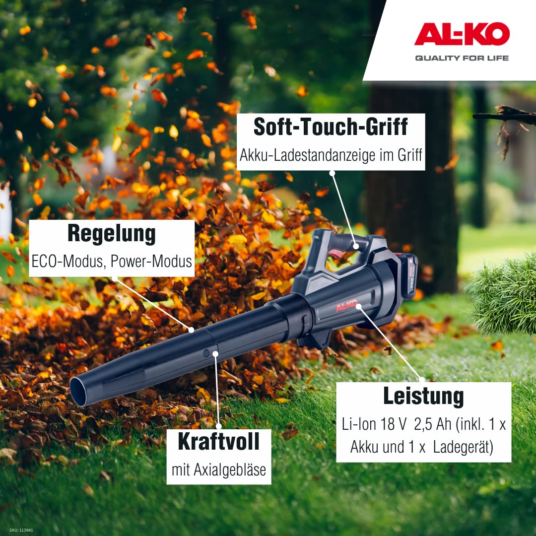 AL-KO Akku-Laubbläser LB 1860, 18 V Li-Ion (Akku und Ladegerät im Lieferumfang), 45 m/s Luftgeschwindigkeit, 450 m³ Volumenstrom, 2 Rohraufsätze, Eco-/Power-Modus, Schwarz