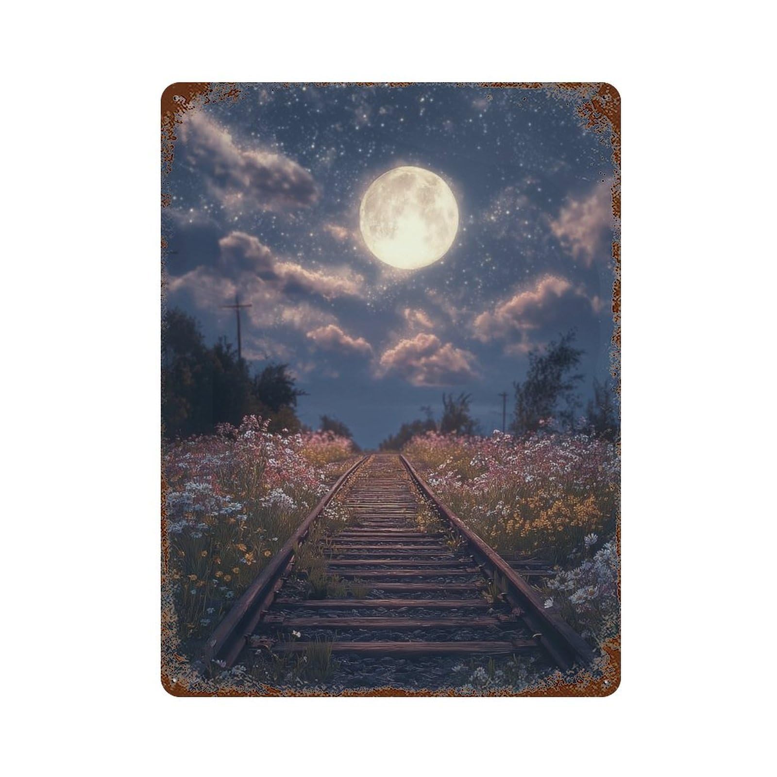 Weathered Tin Sign with Moonlit Railway Tracks Design 15.7"x11.8", for Office, Studio And Wall Decor, Retro Wall Decor