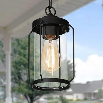 LALUZ Outdoor Pendant Lights, Black Outdoor Pendant Hanging Lights Adjustable Industrial Exterior Porch Light Fixtures Glass Shade for Patio, Entryway, Garden