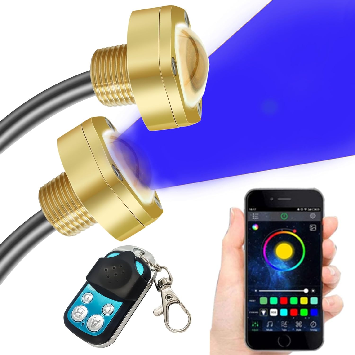 2PCS IP68 Underwater 1/2″ NPT Boat Drain Plug Lights, with RF& APP Control for Boat Fishing Pool Yacht, Smart Cooling System Marine Boat Light, 4100LM,40W(Blue)