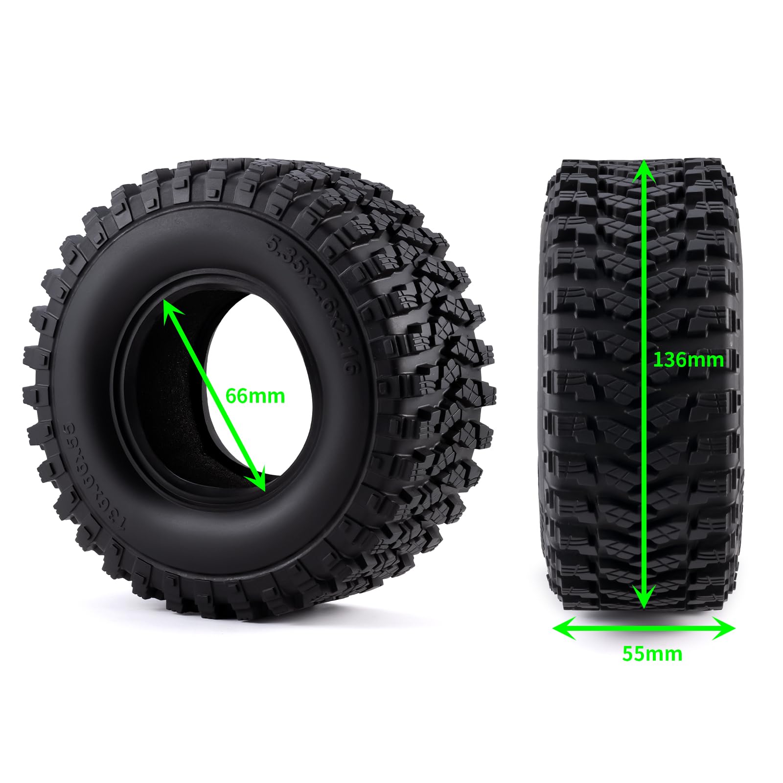 Runup 4 sztuki opon rowerowych 2,6 cala, 136 mm x 55 mm, gumowe opony do 1/10 RC Crawler Car Axial SCX10, RBX10, MJX H8H, MK07, KM4 (miękka, ulepszona wersja)