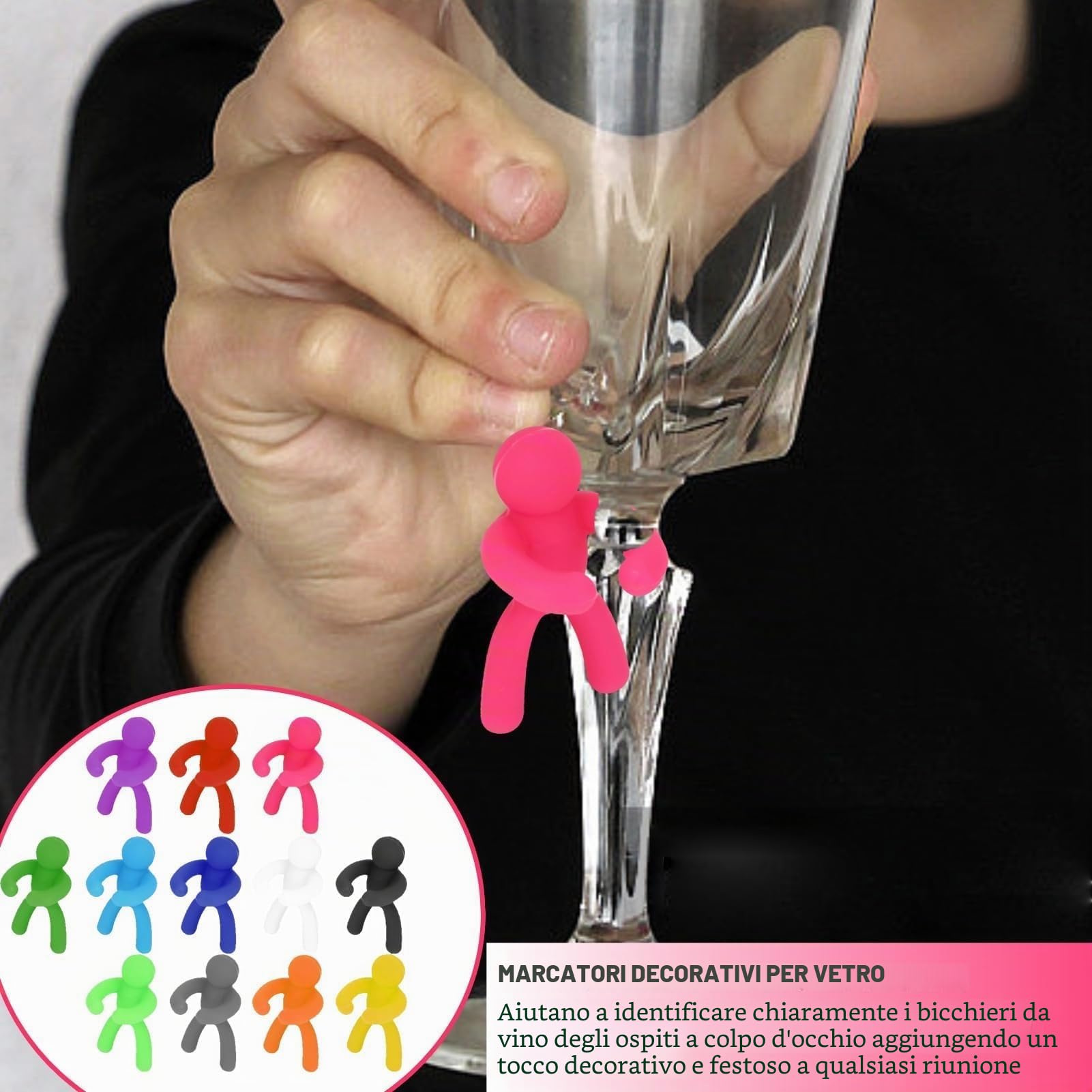 Set di marcatori per bicchieri da vino per feste, identificatori di bevande in vetro riutilizzabili in silicone Marcatori per cartellini per flauti di champagne Cocktail Martini