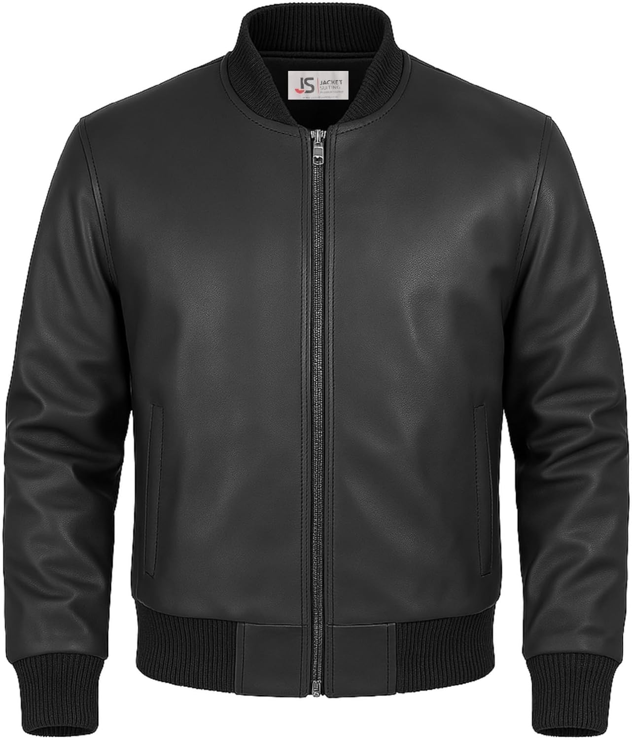 Men's Black Genuine Leather Bomber Jacket, Classic Style with Ribbed Collar and Cuffs, XX-Large