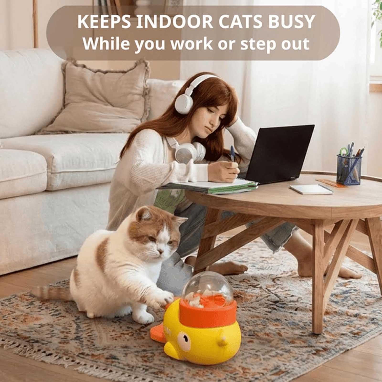 Mangiatoia per gatti Fuzzibud Duckie,Dispenser di snack per gatti Fuzzibud Duck,Giocattolo interattivo 2 in 1 puzzle per cani e mangiatoia lenta,Giocattolo dispenser di cibo per gatti (Yellow)