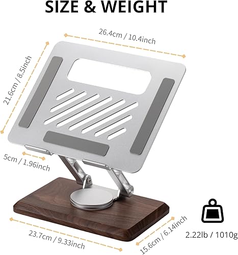 Miniatura 6 de muso wood Soporte para computadora portátil para escritorio, elevador de laptop con base giratoria de nogal de 360, soporte ajustable para laptop,