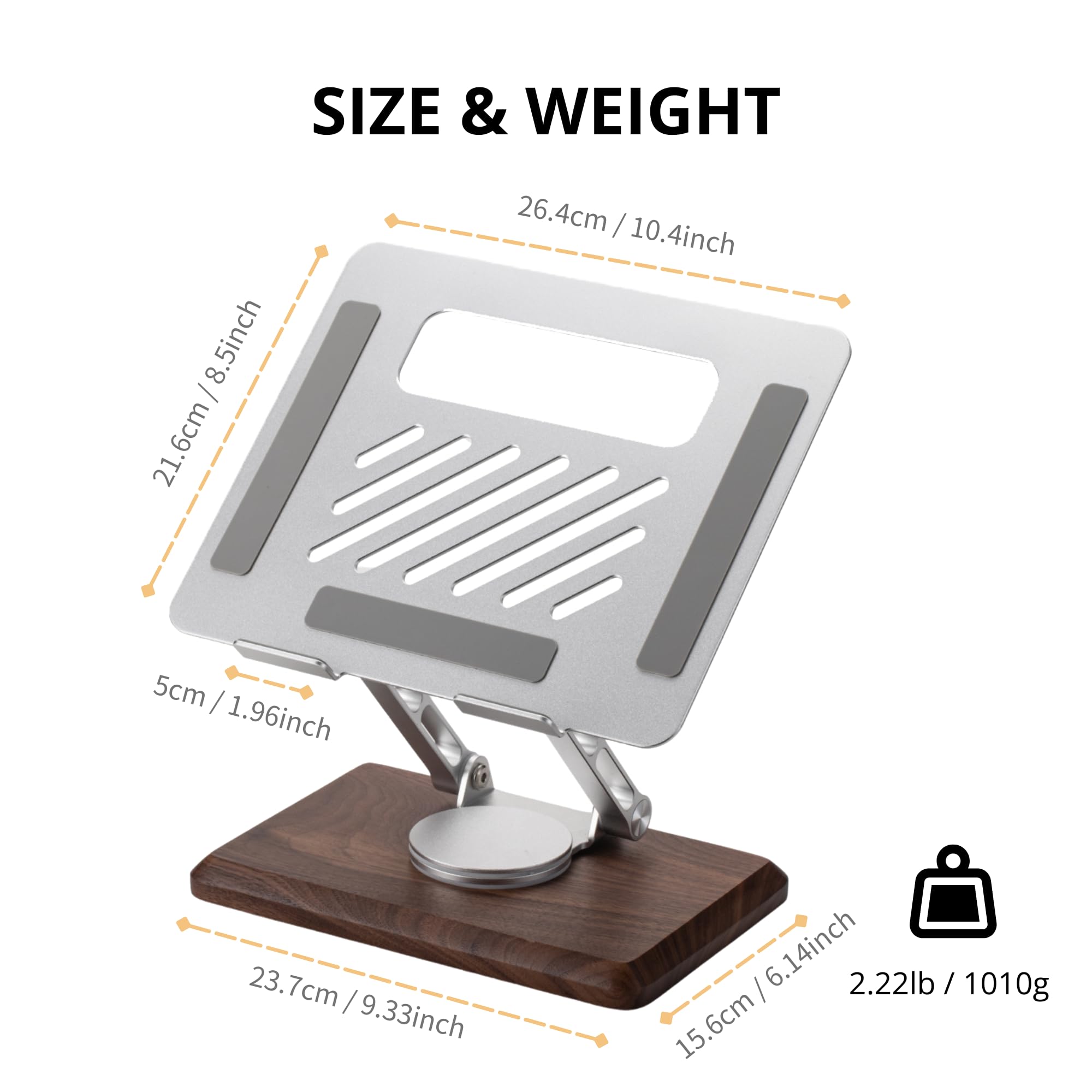 muso wood Supporto per laptop per scrivania, supporto per laptop con base girevole a 360 in noce, supporto regolabile per laptop, supporto ergonomico in legno ventilato per notebook da 10 a 17,3