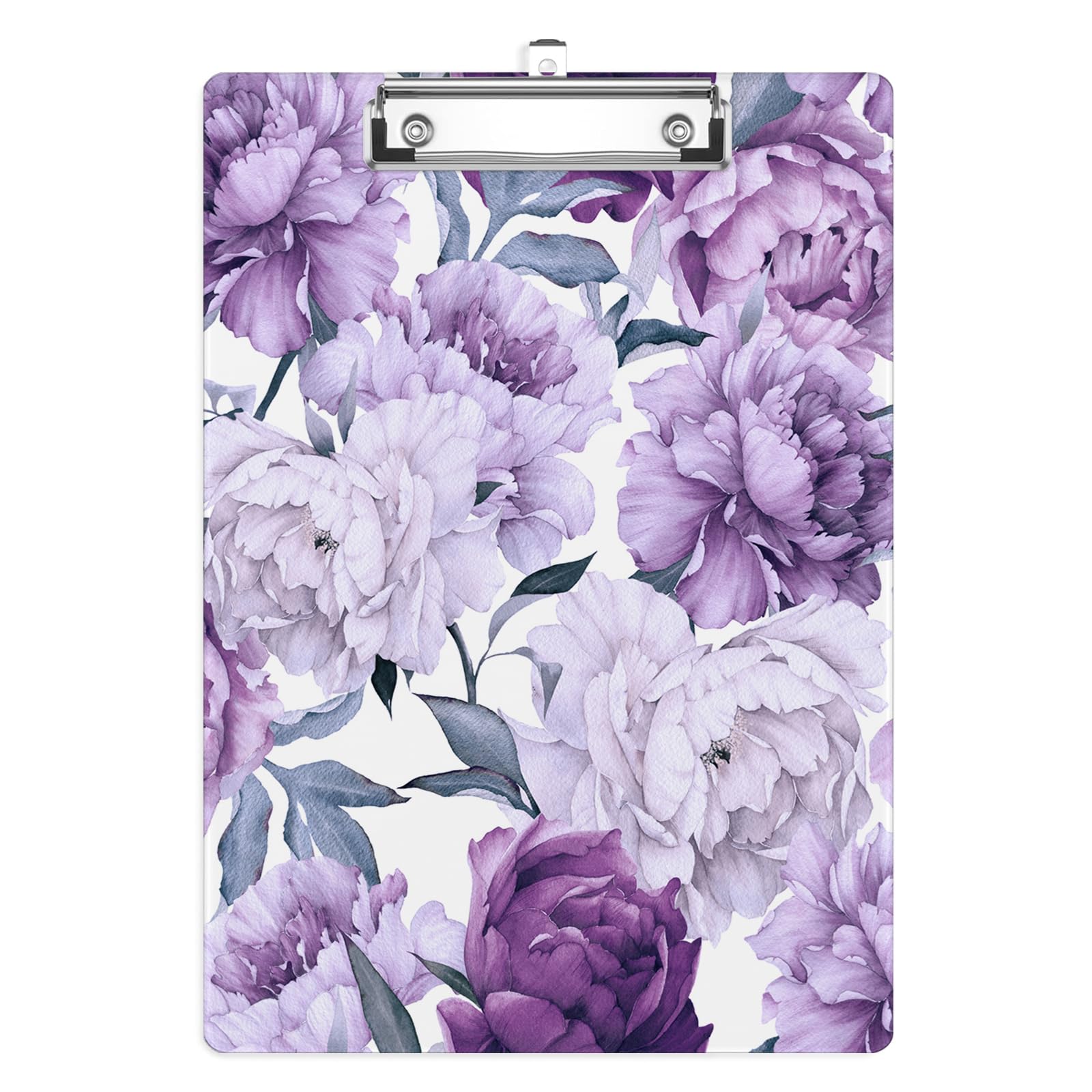Portapapeles de flores moradas, tablero decorativo con clip de metal, bonito portapapeles de plástico A4 para enfermeras, estudiantes, oficina (tamaño estándar 8.5 x 12.5 pulgadas)