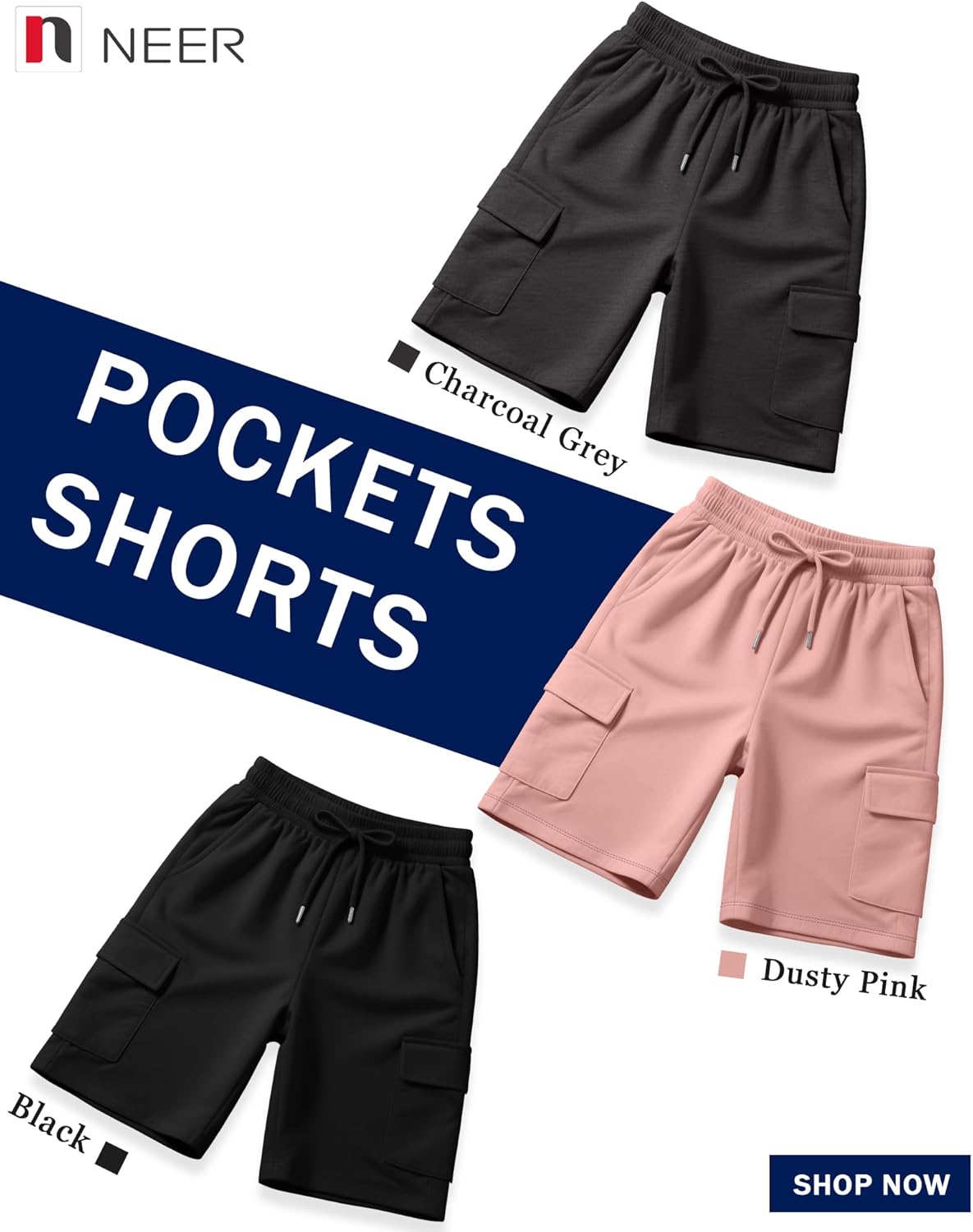 Neer 3 Pack Women's Bermuda Shorts Casual Drawstring Elastic Waist Knee Length Yoga Shorts with Pockets