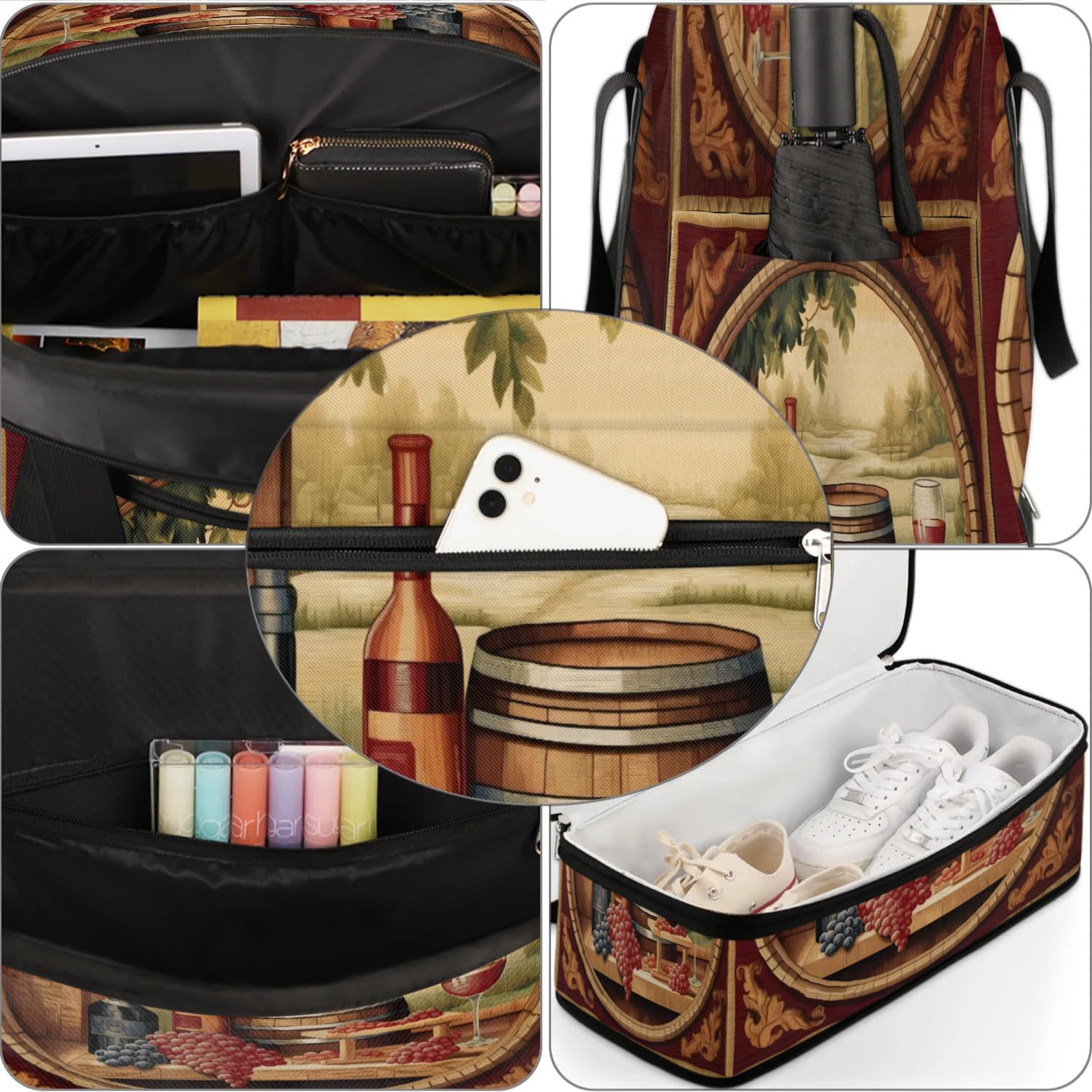 Sports Duffel Bag, Foldable Wine Bottle Travel Duffel Bag, Gym Yoga Beach Bag Weekender Overnight Bag with Shoes Compartment for Men Women, Wine Country