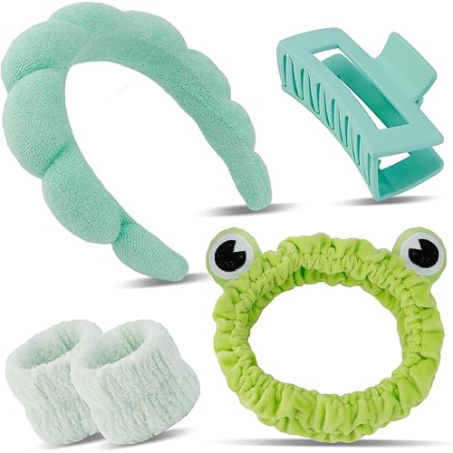 Canitor Spa Headband Wrist Bands Set with Hair Clips Skincare Headband for Washing Face Skin Care Puffy Makeup Headband Preppy Teen Girl Gifts Cute Trendy Stuff Hair Accessories for Women