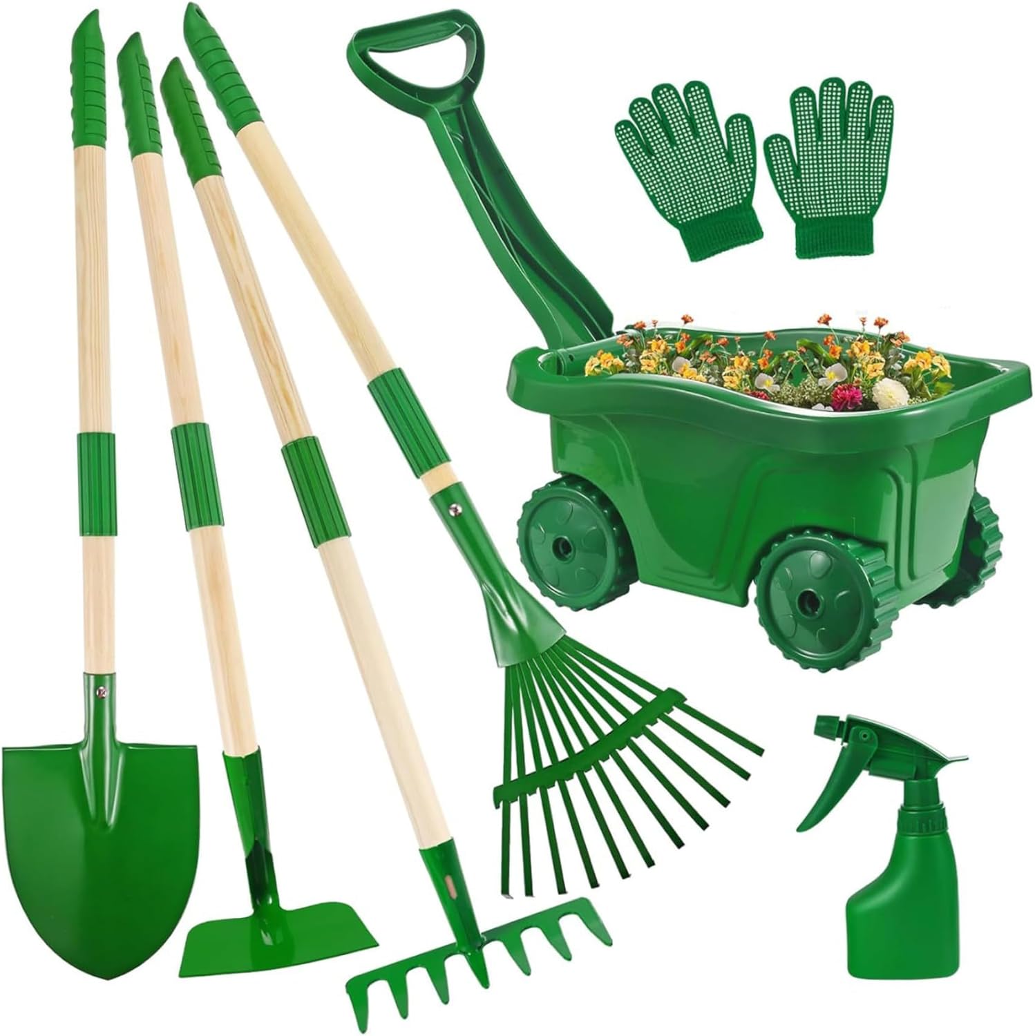 Kids Gardening Set 7-piece Toddler Gardening Set with Wheelbarrow, Shovel, Rake and Leaf Rake, Educational Kids Garden Tools for Outdoor Backyard Play