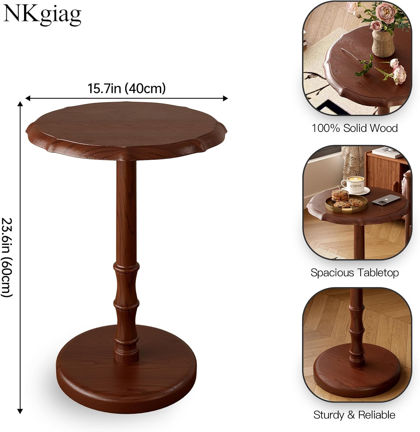 100% Solid Wood Round Pedestal Side Table, Vintage End Table, Heavy-Duty Antique Accent Table for Small Spaces, Stable Bedside Nightstand, Easy 5-Min Assembly, Walnut