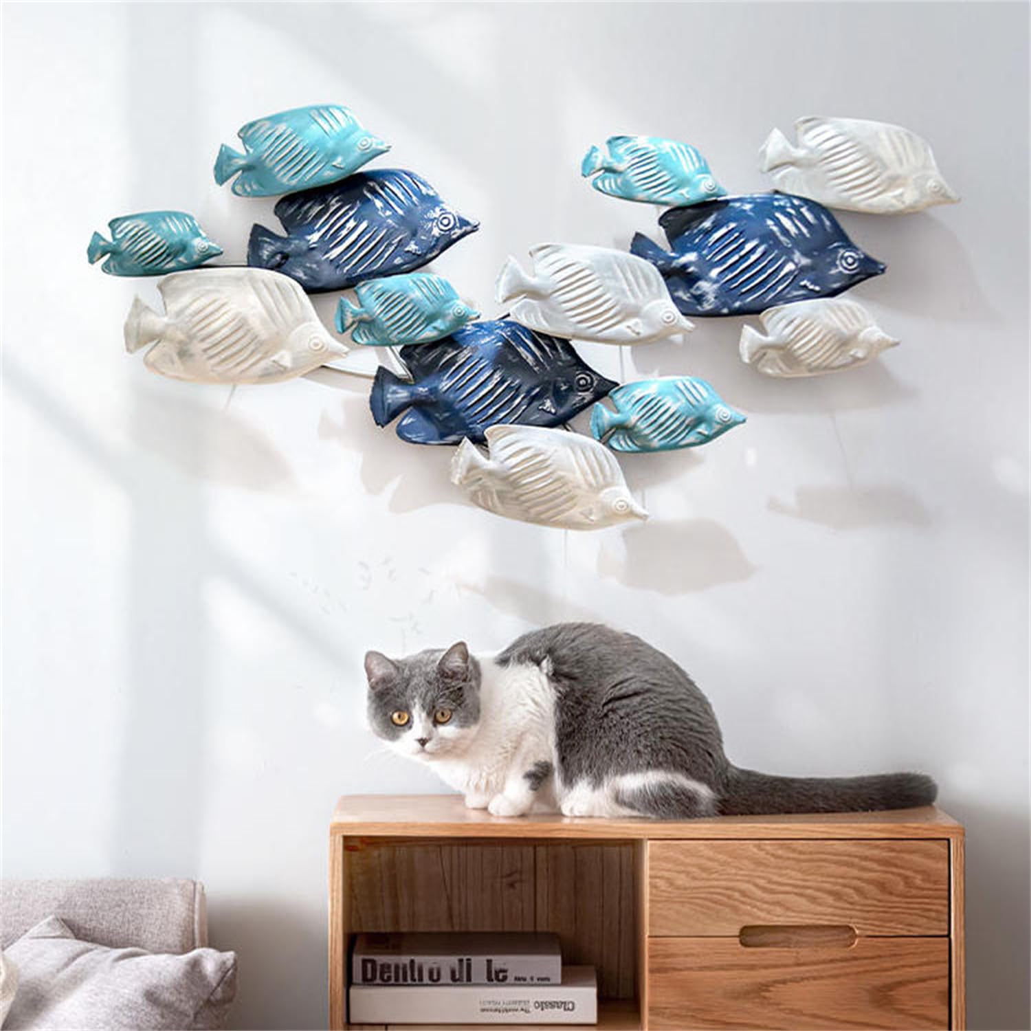 SEVOLY Arte de Pared de Peces de Metal, decoración de Pared de Peces de Metal costeros, Escultura de Pared de Peces Marinos náuticos 3D, Escuela de Peces para Colgar en la Pared, 88,5 x 43 cm