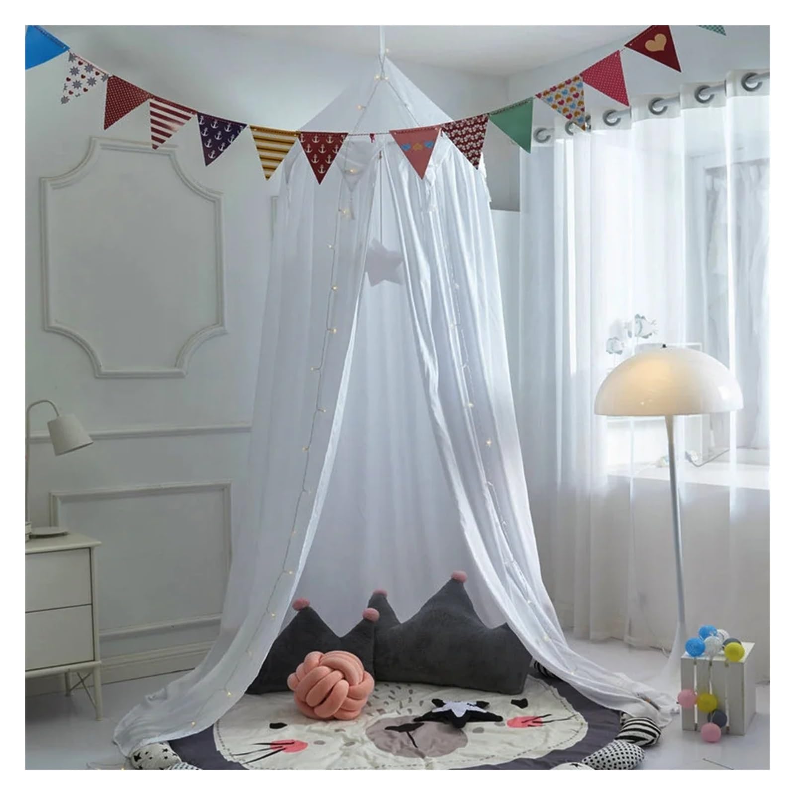 KiddiBubzi Bed Canopy For Kids Tassel Ruffle Edge Bed Canopy Round Dome Hanging Indoor Castle Play Tent Children Room Decoration Bed Tent(White Tassel)