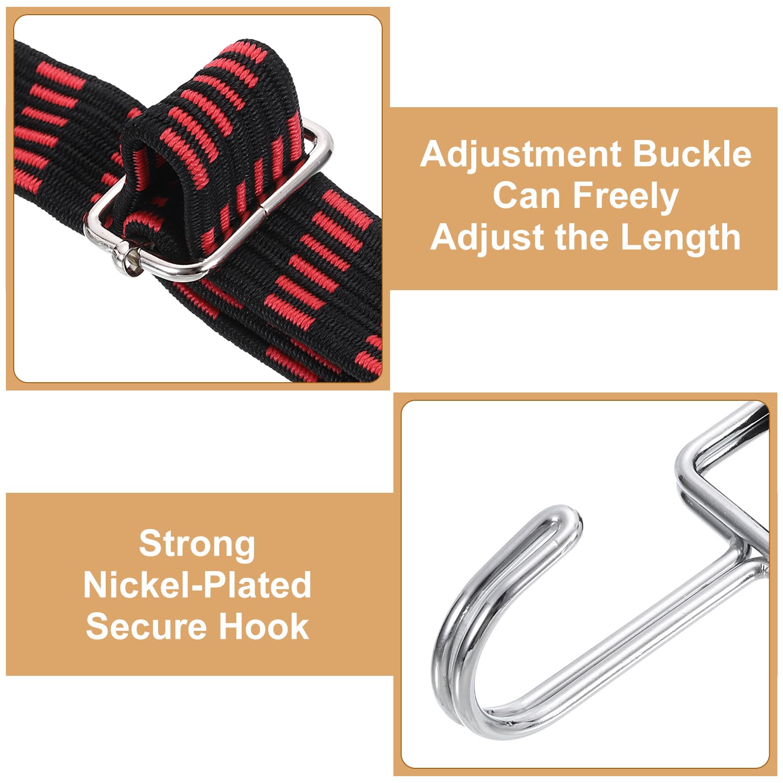 QUARKZMAN 8Pcs Corde Elastiche Regolabili con Ganci, 79 Pollici Cinghie Elastiche Piatte Resistente Corde Elastiche in Gomma con Fibbia per Esterno, Campeggio, Teli, Nero/Nero Rosso