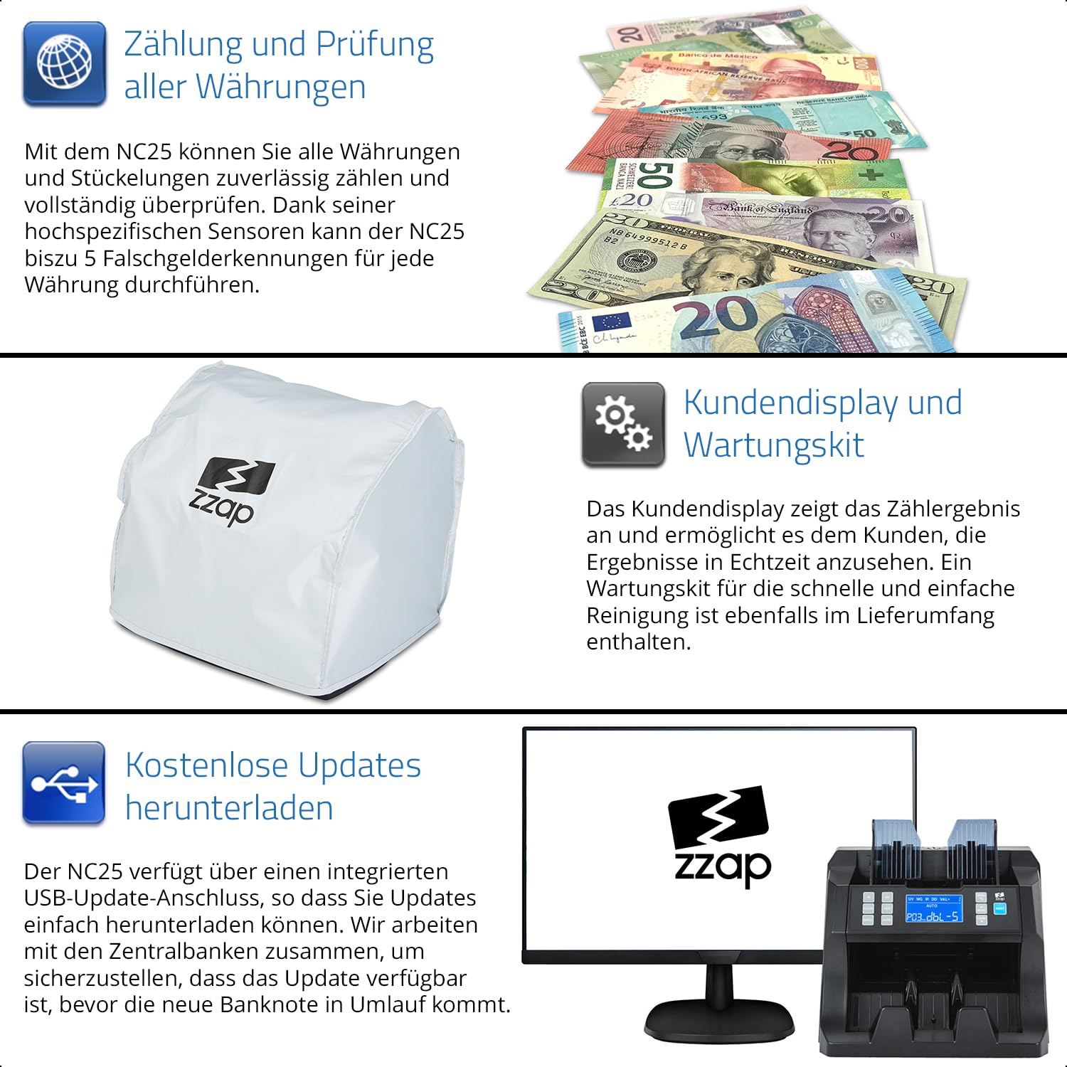 ZZap NC25 Banknotenzähler und Falschgeld-Detektor - Geldzählmaschine Banknotenzählmaschine Geldzähler