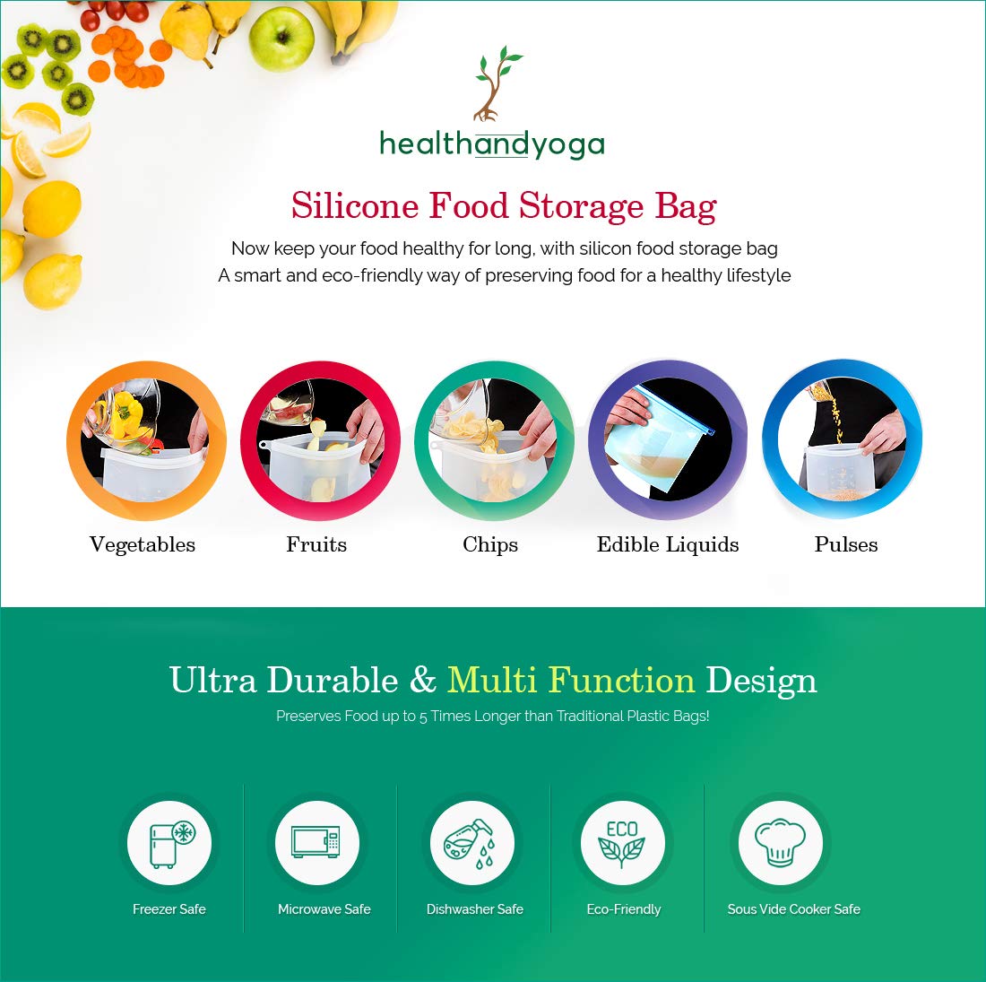 Bolsa de almacenamiento de alimentos de silicona, a prueba de fugas, sin olor, resistente a las manchas, duradero, apto para lavavajillas - Apto para microondas y refrigerador (juego de 2) 2 L