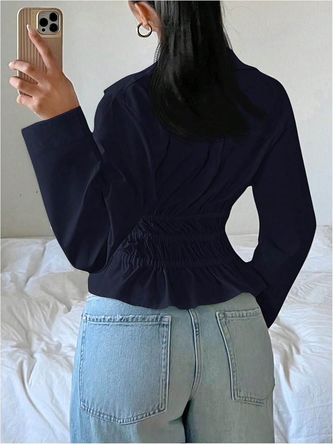 SHENHE Women's V Neck Tie Front Cinched Waist Drop Shoulder Long Sleeve Collared Blouse Top - Image 2