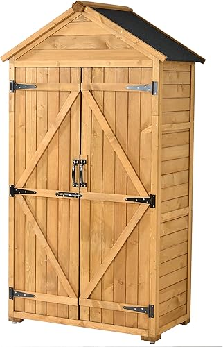 WiseUpple Organizador de herramientas de madera para exteriores de 5.8 x 3 pies, con techo de asfalto impermeable, puertas con bloqueo, estantes de