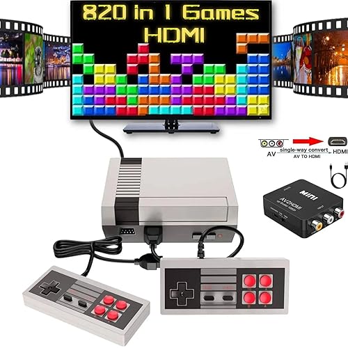 Retro Game Console,Classic Video Games Console Built-in with 820 Games System with AV and HDMI Output,2 Controllers Handheld Games for Ideal Gift. (Grey)
