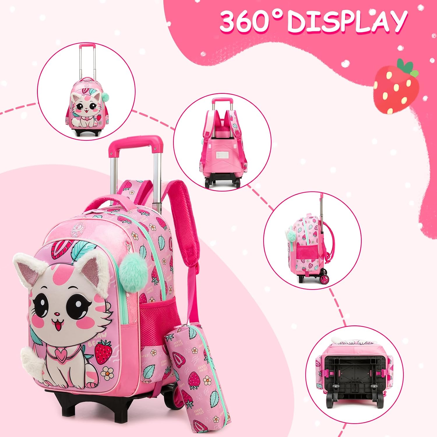 Egchescebo Kids Rolling Plush cat Backpack for Girls Trolley Suitcases Luggage Travel with Wheels Detachable Wheeled 17" 3PCS Roller Backpacks Set Toddler Back Pack School Bags for Elementary Pink