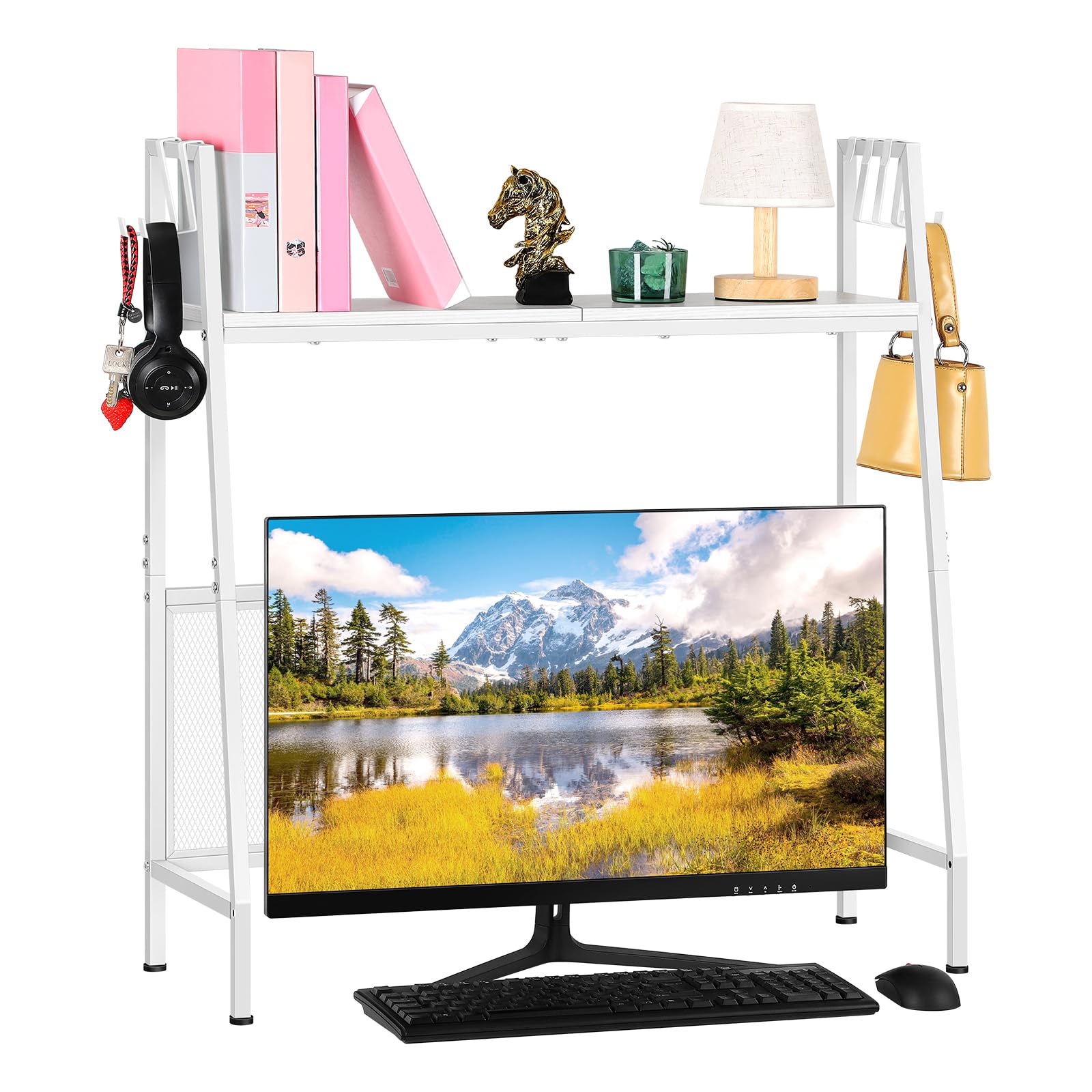 Desk Organizer Computer Desktop Hutch White Desk Shelf with 5 Metal Hooks Detachable Net Board Desktop Display Rack for Home Office Dorm Kitchen, White