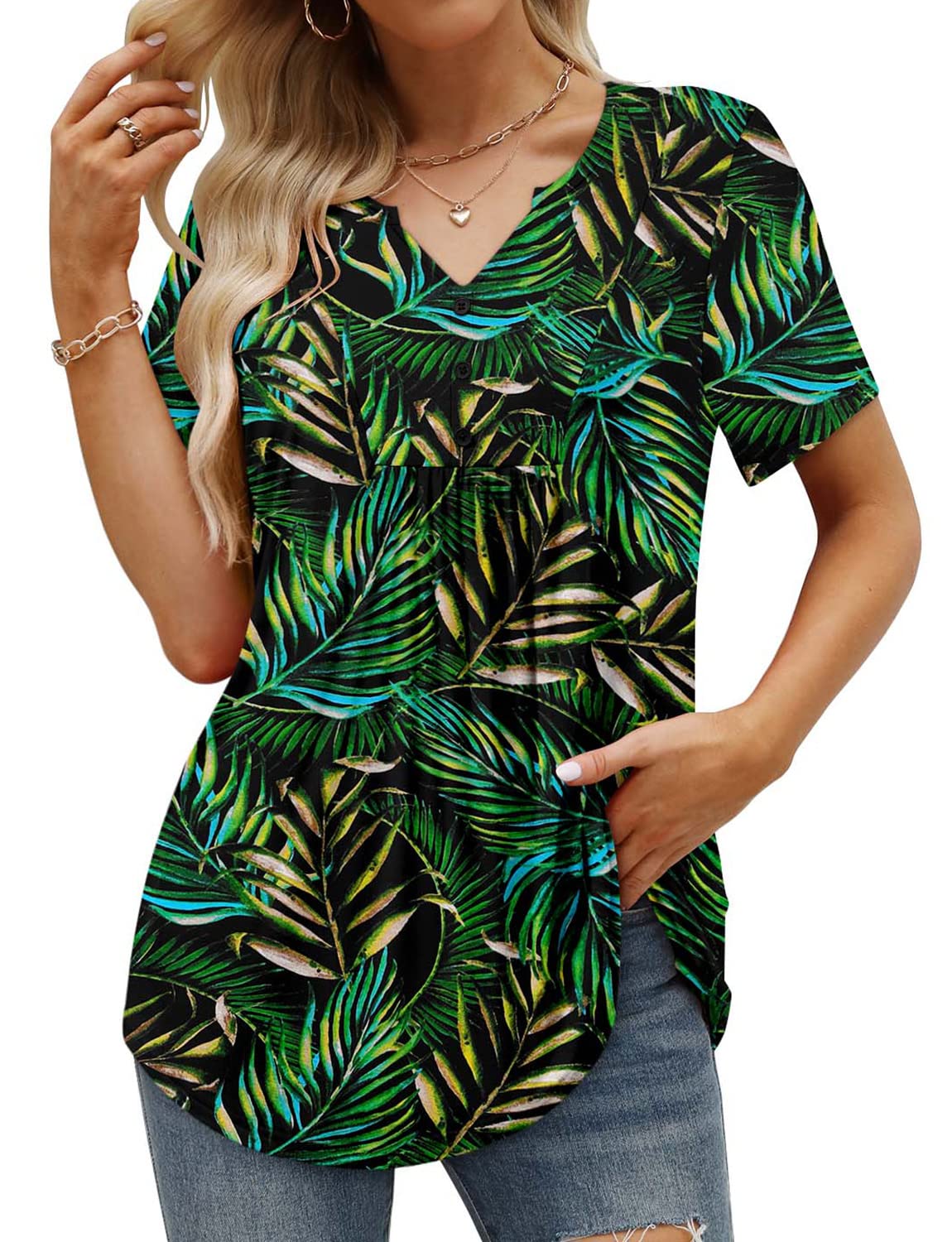 BETTE BOUTIK Womens Short Sleeve Tunics V Neck Button Down Shirts Blouse Tops Pullover S-3XL