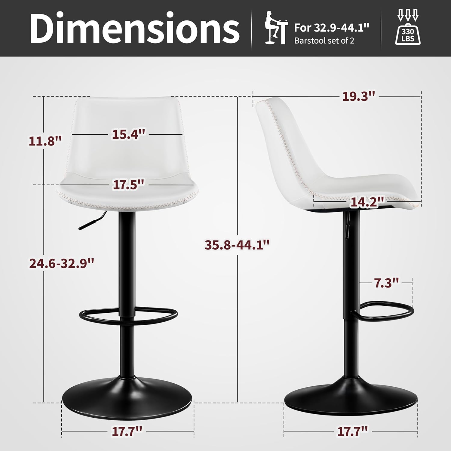 STOOLINK Adjustable Bar Stools Set of 2 Microfiber Leather Counter Height Bar Stools with Back/Metal Base Swivel Tall Bar Chairs Heavy Duty Counter Stools for Kitchen Island Bistro White(24-33 Inch)