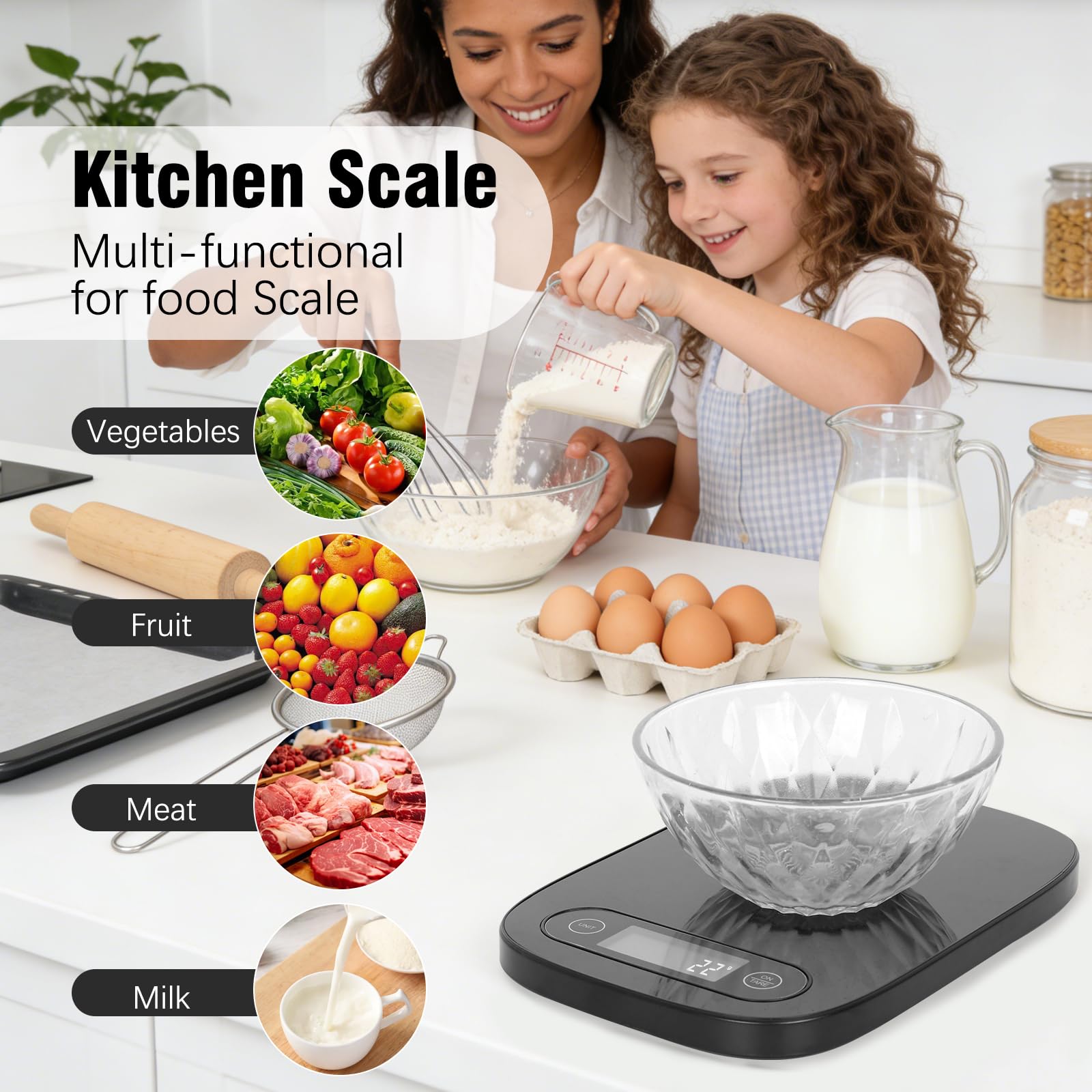 Báscula digital de cocina con pantalla LCD de 5 unidades y función de tara, diseño compacto para hornear, cocinar saludable, preparación de comidas, 11 libras de acero inoxidable (negro)