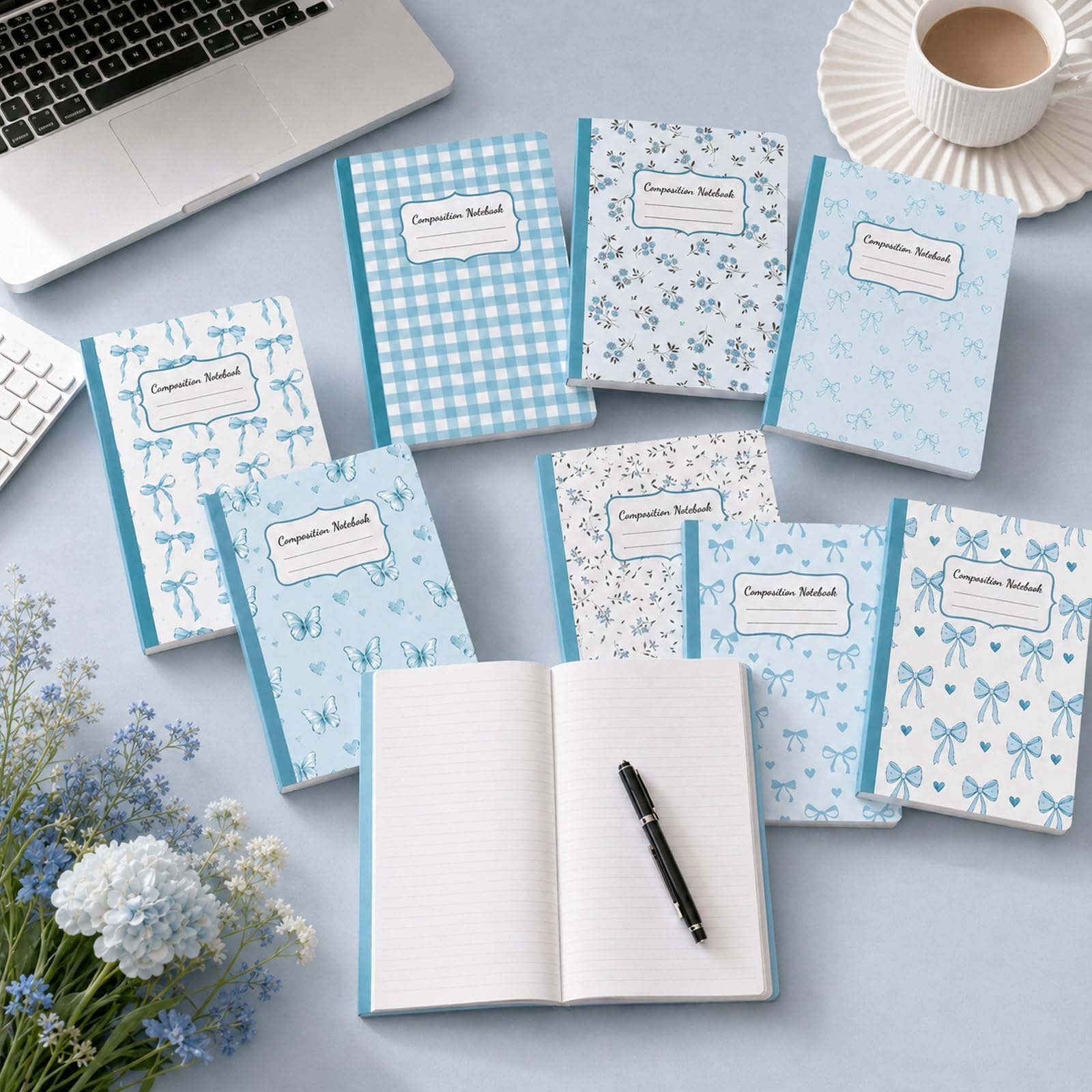 8 Pack Blue Bow Composition Notebooks Bulk Blue Notebook College Ruled Journal 100 Pages Cute Aesthetic Bow Composition Books Back to School Gift for Student Teacher Office Supplies 9.7x7.5 Inch