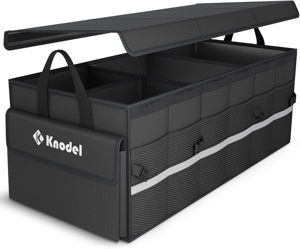K KNODEL Car Trunk Organizer with Lid, 3 Compartments Collapsible Car Trunk Storage Organizer, Large Car Organizer and Storage for SUV, Truck, Sedan (Large, Black)
