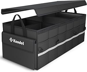 K KNODEL Car Trunk Organizer with Lid, 3 Compartments Collapsible Car Trunk Storage Organizer, Large Car Organizer and Storage for SUV, Truck, Sedan (Large, Black)