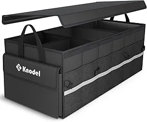 K KNODEL Car Trunk Organizer with Lid, 3 Compartments Collapsible Car Trunk Storage Organizer, Large Car Organizer and Storage for SUV, Truck, Sedan (Large, Black)