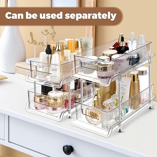 Miniatura 2 de XINYA BAO Juego de 2 organizadores de almacenamiento de baño de 2 niveles con divisores, organizadores transparentes multiusos para debajo del