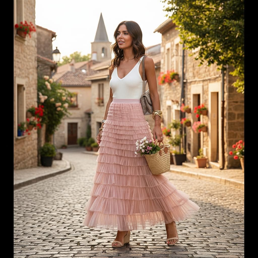 Womens Long Tulle Skirt A Line Ruffle Tiered Layered High Waisted Flowy Fairy Maxi Skirt