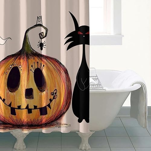 Miniatura 8 de Cortina de ducha de Halloween, cortinas de ducha fantasma para baño, juego de cortinas góticas espeluznantes de calabaza, gato negro, decoración