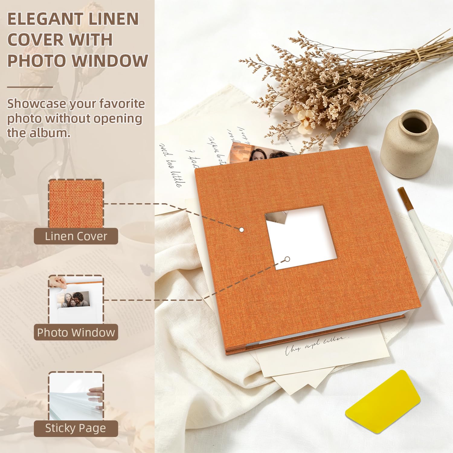 Popotop Álbum de fotos autoadhesivo con ventana de visualización de imágenes, 60 páginas, álbum de recortes para fotos de 4 x 6, 8 x 10 pulgadas, libro de recuerdos con cubierta de lino para boda de