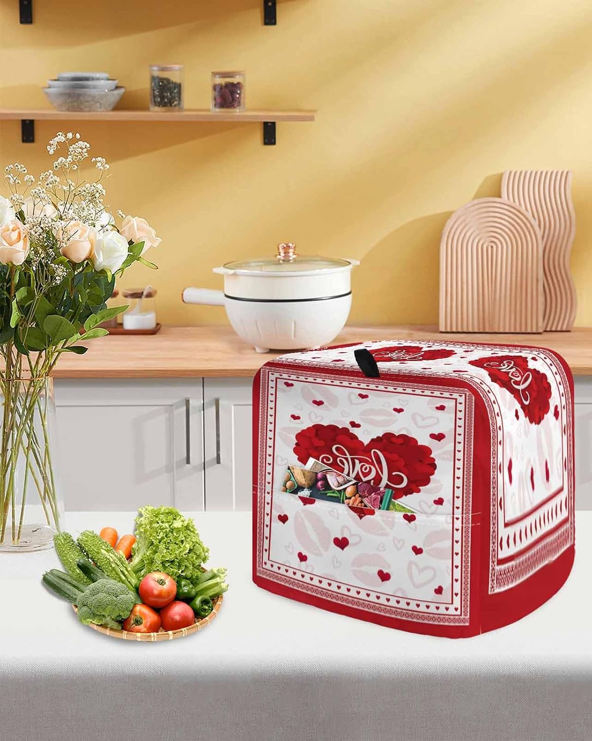 Stand Mixer Cover with Storage Pocket, Red Valentine's Day Waterproof Kitchen Mixer Covers, Love Heart Romantic Valentines Kitchen Appliance Dust Cover Compatible with 5-8 Quart Mixers