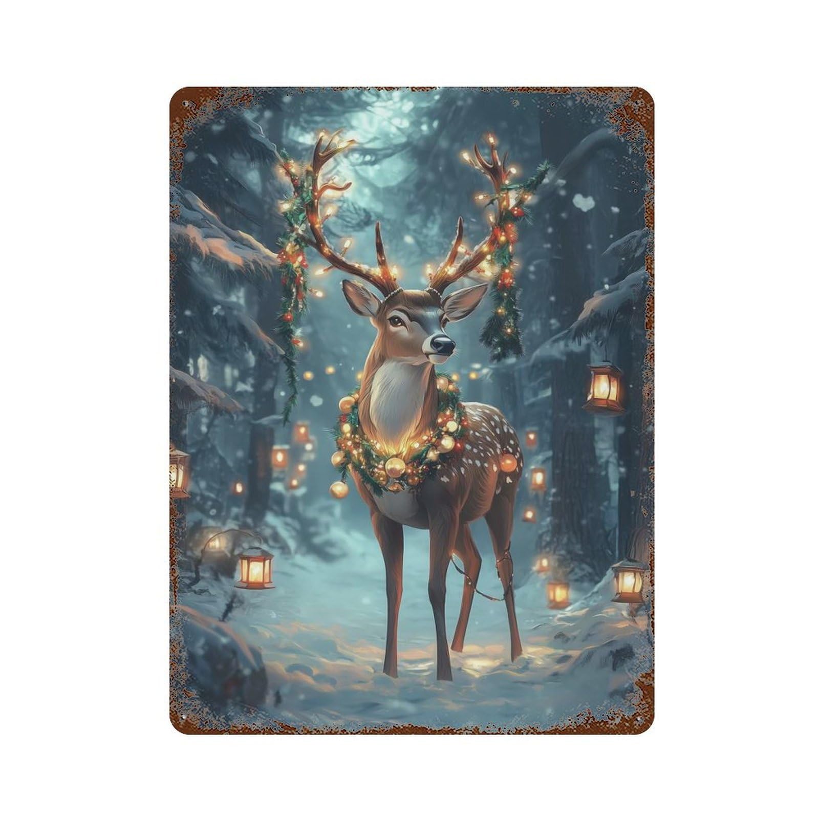 Garage Style Christmas Deer in Forest Vintage Rust Metal Sign 15.7"x11.8", Retro Wall Decor for Bar And Workshop