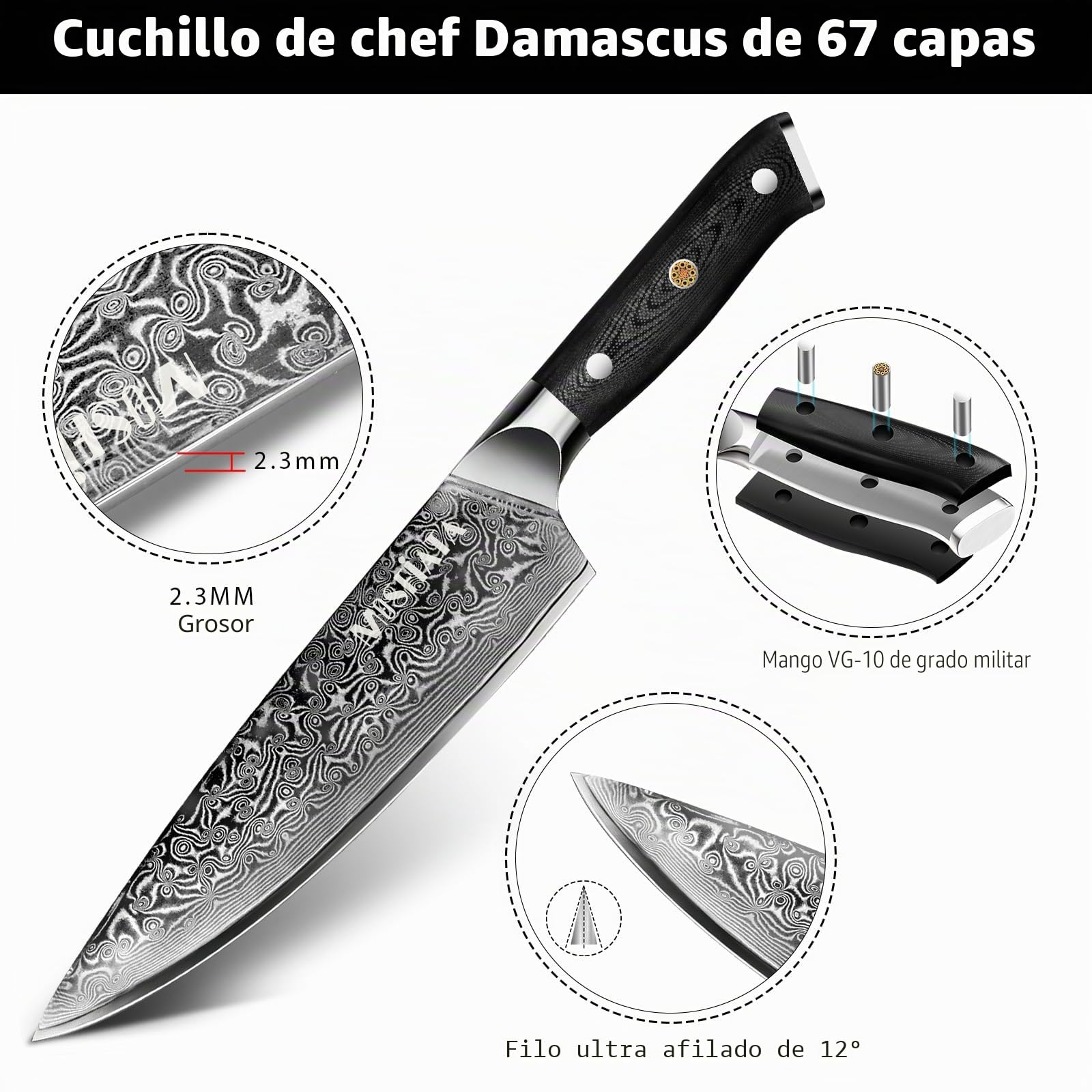 MOSFiATA Cuchillo de Cocina Damasco, 20cm Cuchillo Chef de Acero Damasco de 67 Capas con Mango de Material G10 y Afilador de Cuchillos