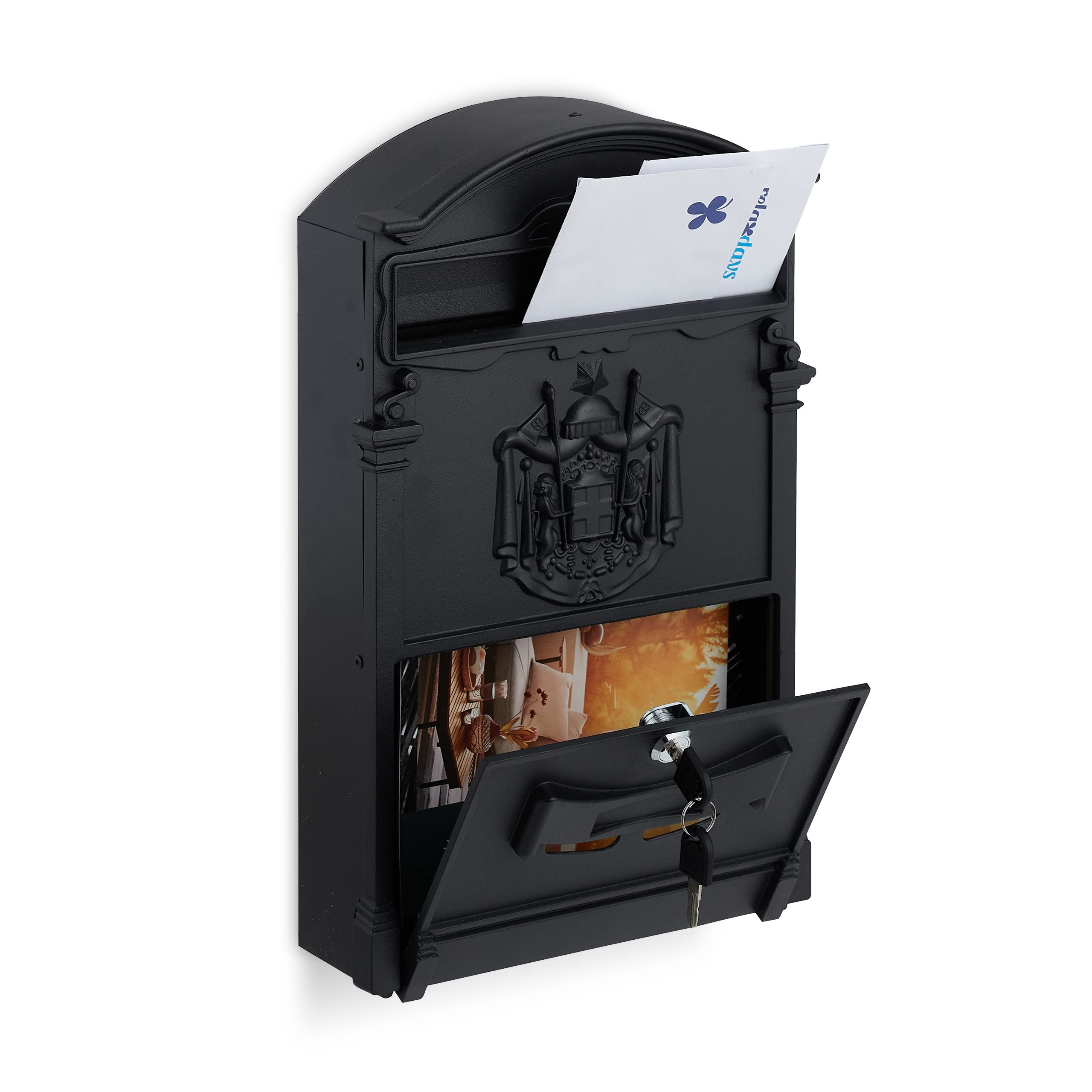 Relaxdays Boîte aux Lettres Antique, avec fenêtres de visualisation, Acier et Aluminium, HLP : 41 x 25,5 x 9 cm, Noire
